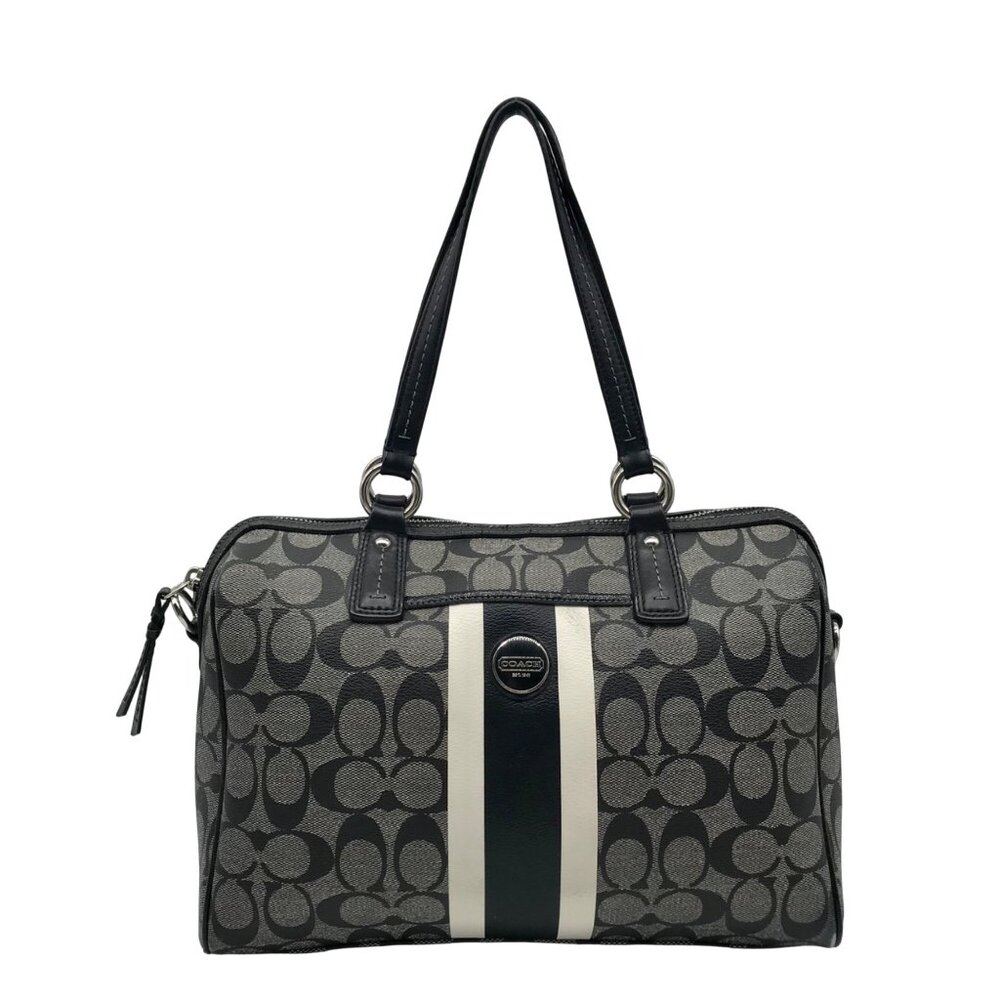 Coach Gray And Black Leather Signature Stripe Satchel Bag F24362